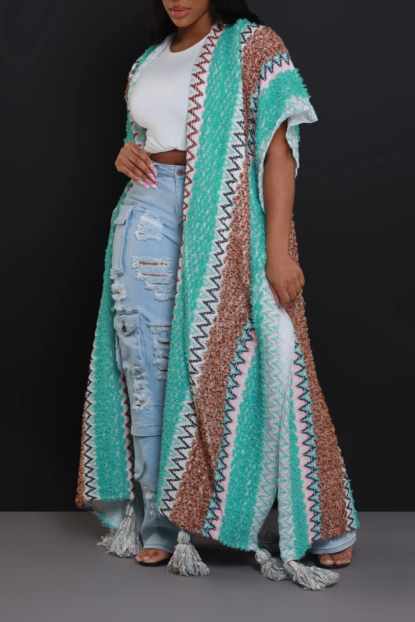 Create Change Longline Knit Cardigan - Blue/Brown Multicolor sold by Swankaposh product image thumbnail 4