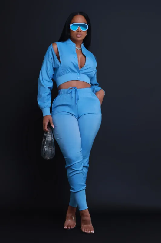 Top Priority Zippered Cropped Jogger Set - Medium Wash Denim sold by Swankaposh