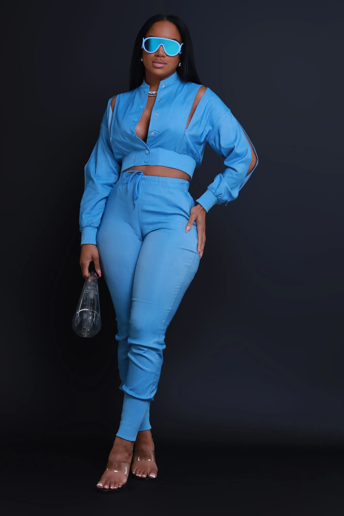 Top Priority Zippered Cropped Jogger Set - Medium Wash Denim sold by Swankaposh product image thumbnail 2