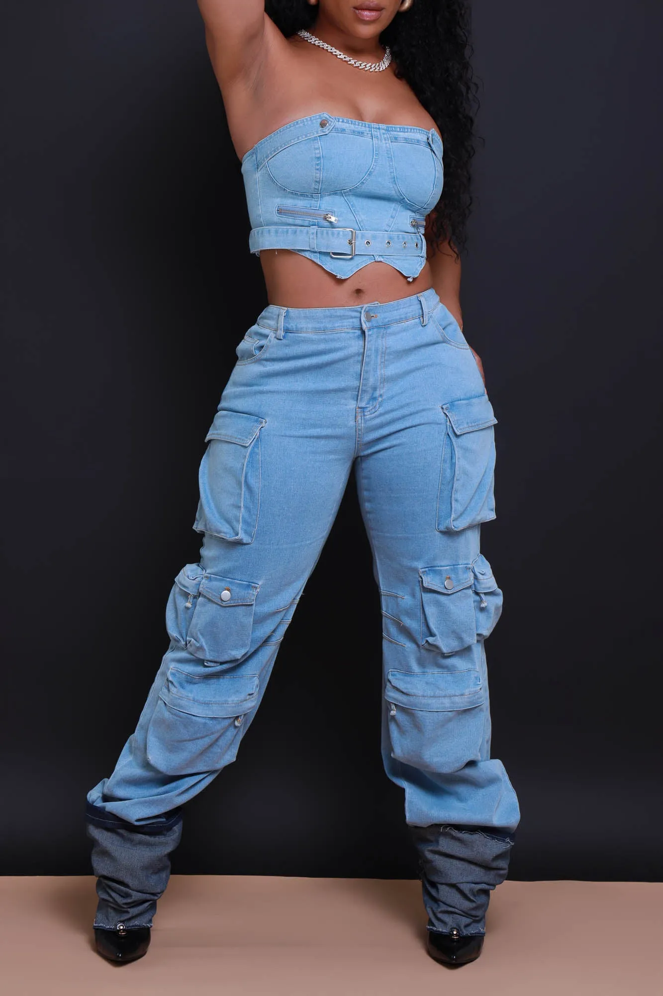 Baggy Multi Pocket Long Cargo Pants - Light Wash Denim sold by Swankaposh product image thumbnail 5