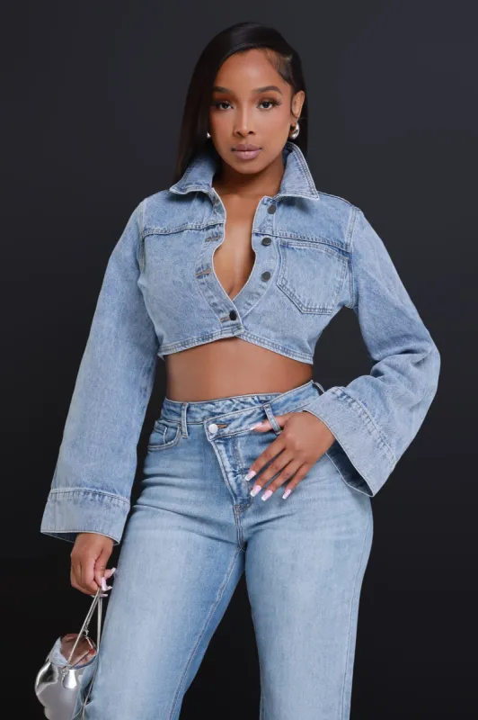 Any Way Cropped Denim Jacket - Blue sold by Swankaposh