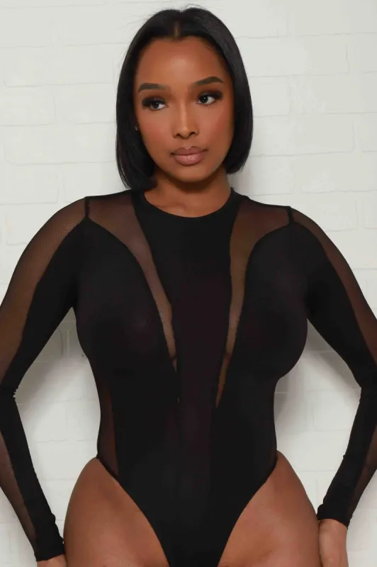 Freefall Long Sleeve Sheer Panel Bodysuit - Black sold by Swankaposh