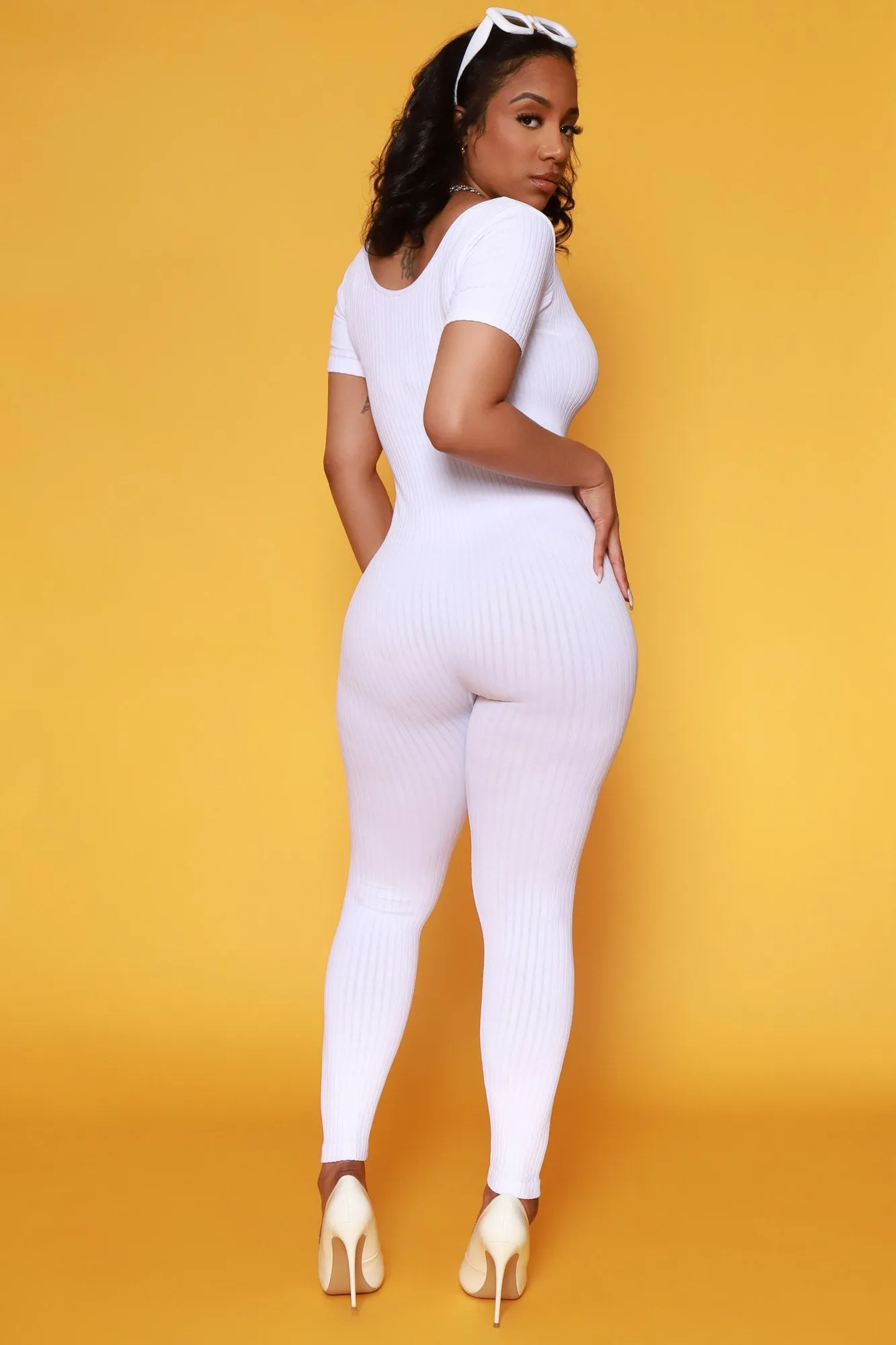 Hustle Hard Short Sleeve Ribbed Jumpsuit - White sold by Swankaposh product image thumbnail 3
