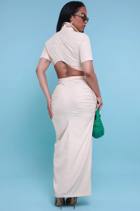 Fall In Line Short Sleeve Open Back Maxi Dress - Cream sold by Swankaposh