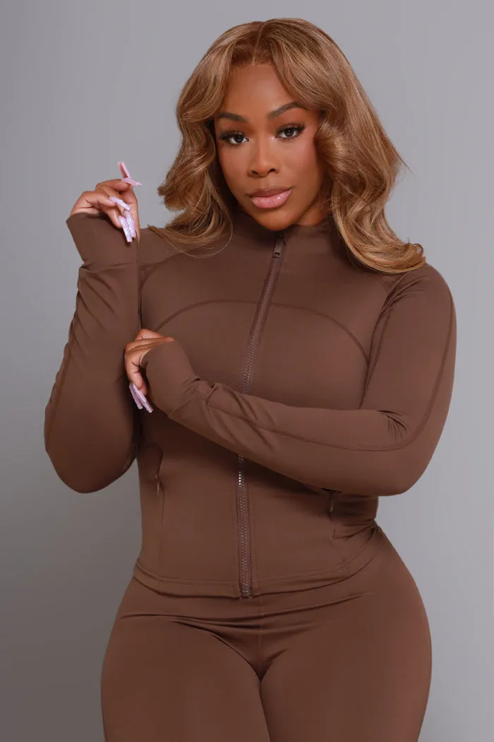 Keep It Calm Zippered Athletic Jacket - Brown sold by Swankaposh