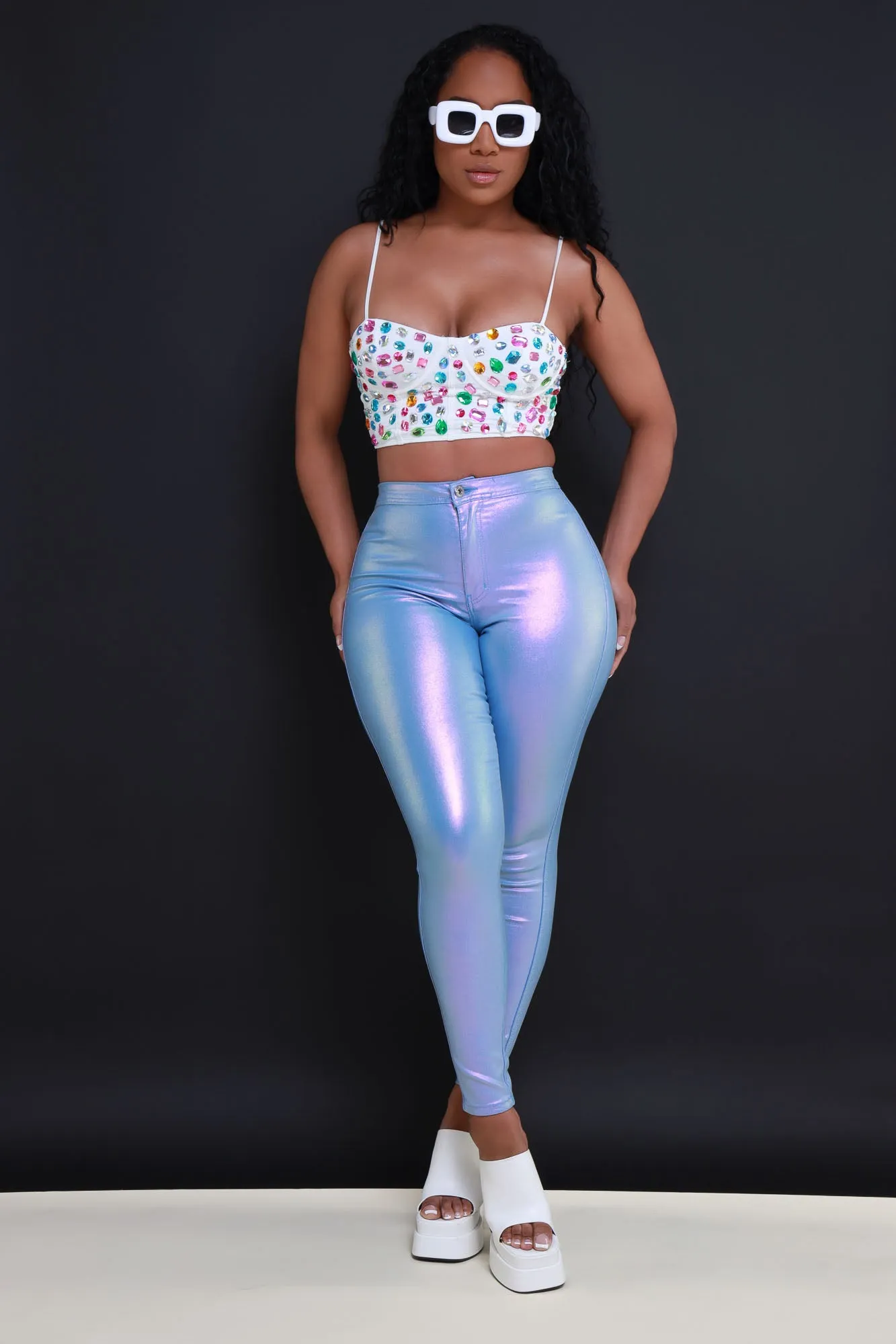 Coming In Hot High Rise Metallic Skinny Pants - Lavender sold by Swankaposh