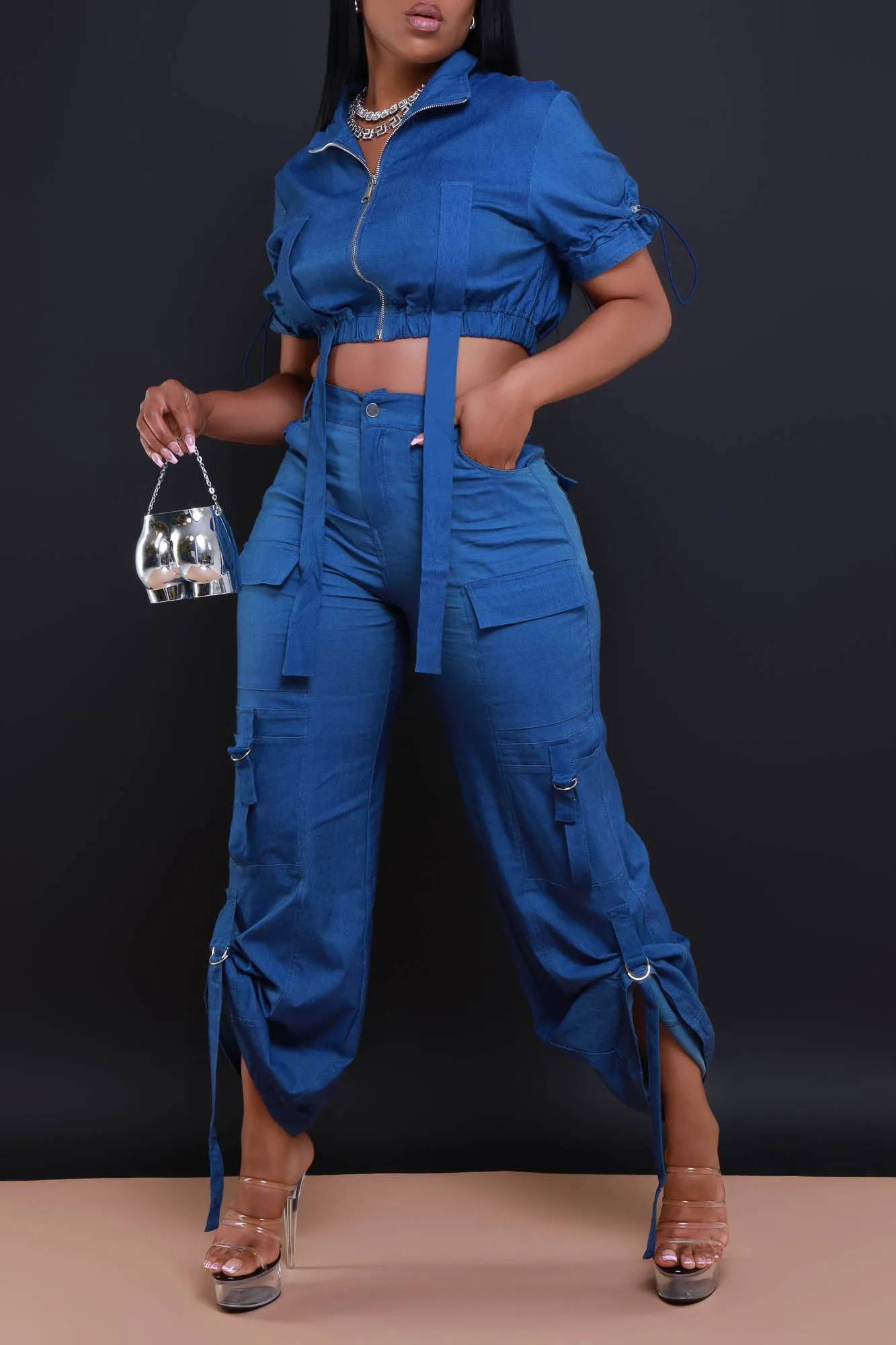 Runner Up Cropped Cargo Pants Set - Dark Blue Denim sold by Swankaposh product image thumbnail 2
