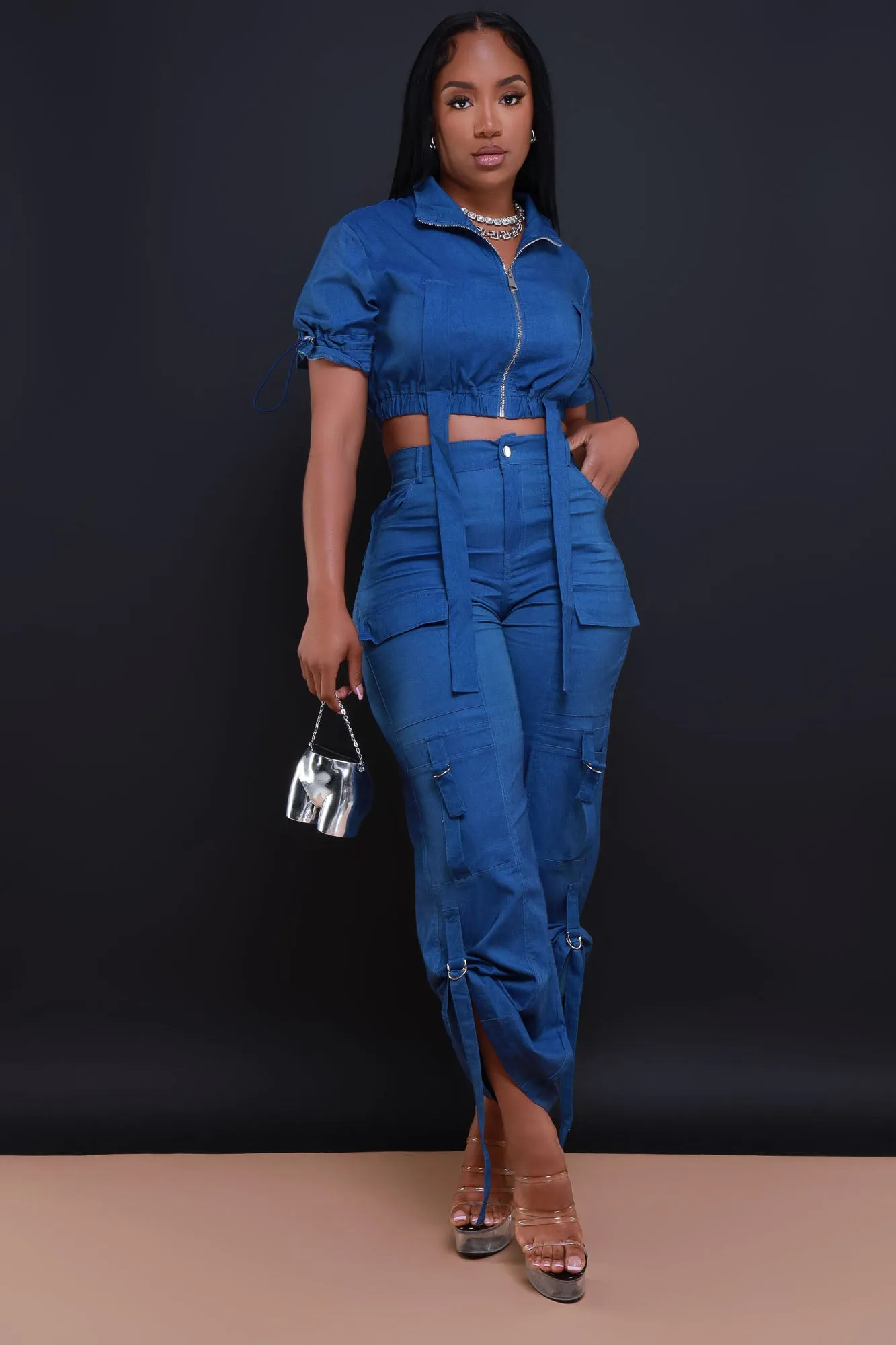 Runner Up Cropped Cargo Pants Set - Dark Blue Denim sold by Swankaposh