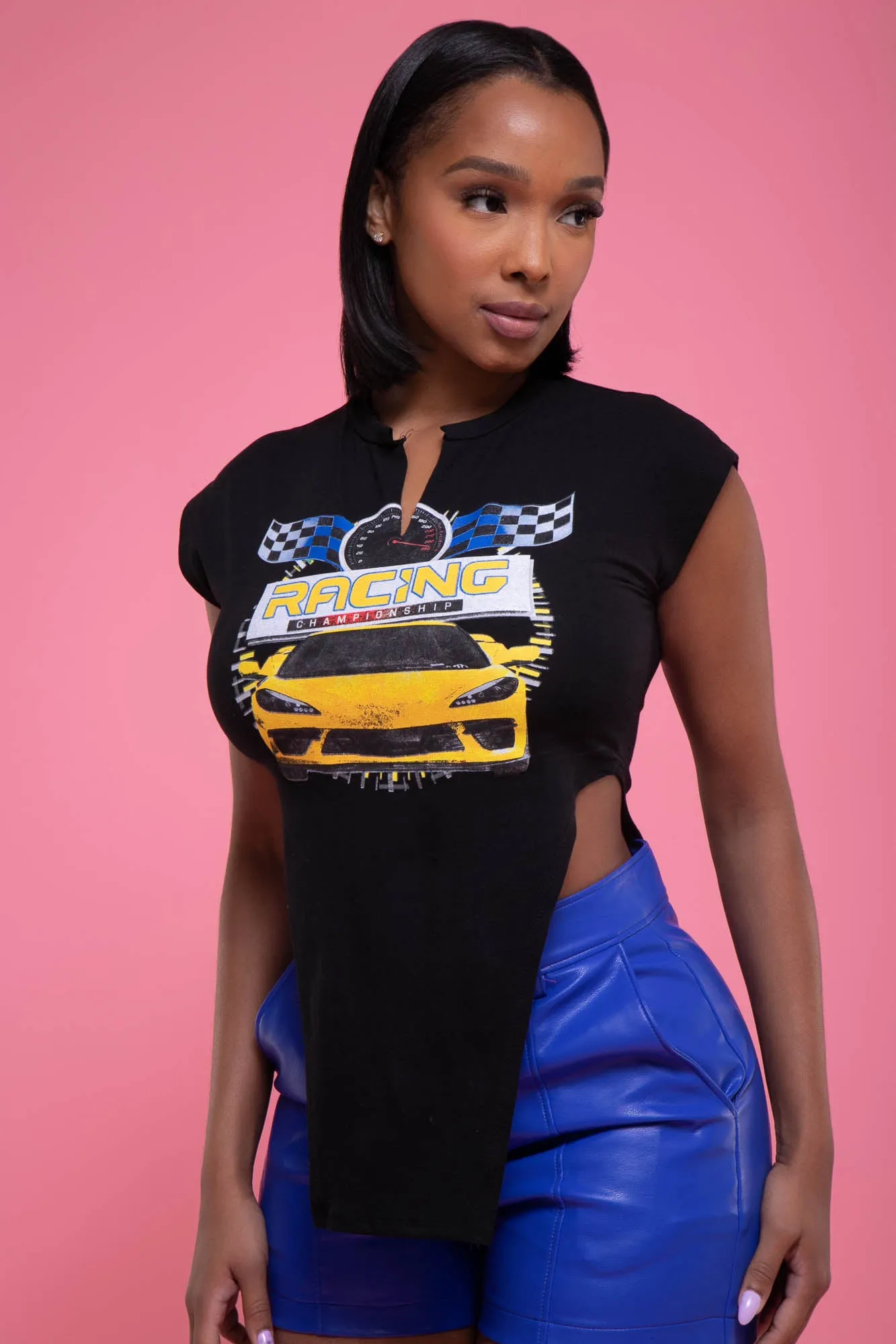 First To Last High Cut Graphic Sleeveless Top - Black sold by Swankaposh