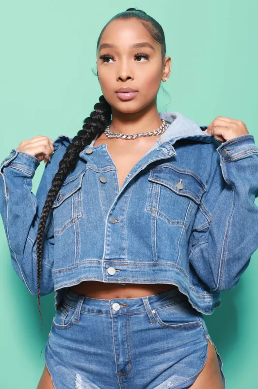 Dash Hooded Stretchy Denim Jacket sold by Swankaposh