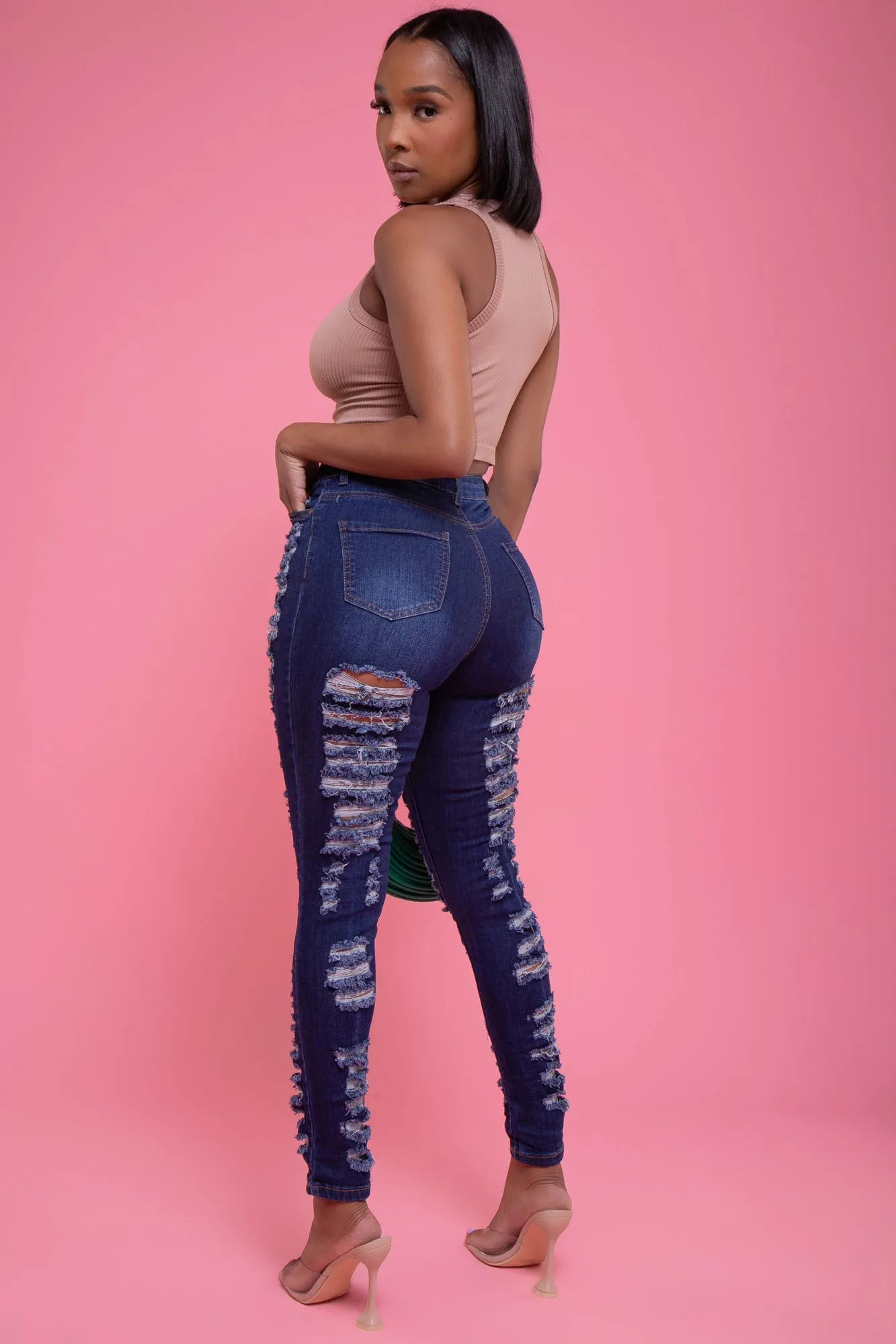 Down For You Hourglass High Rise Distressed Stretchy Jeans - Dark Wash sold by Swankaposh product image thumbnail 4