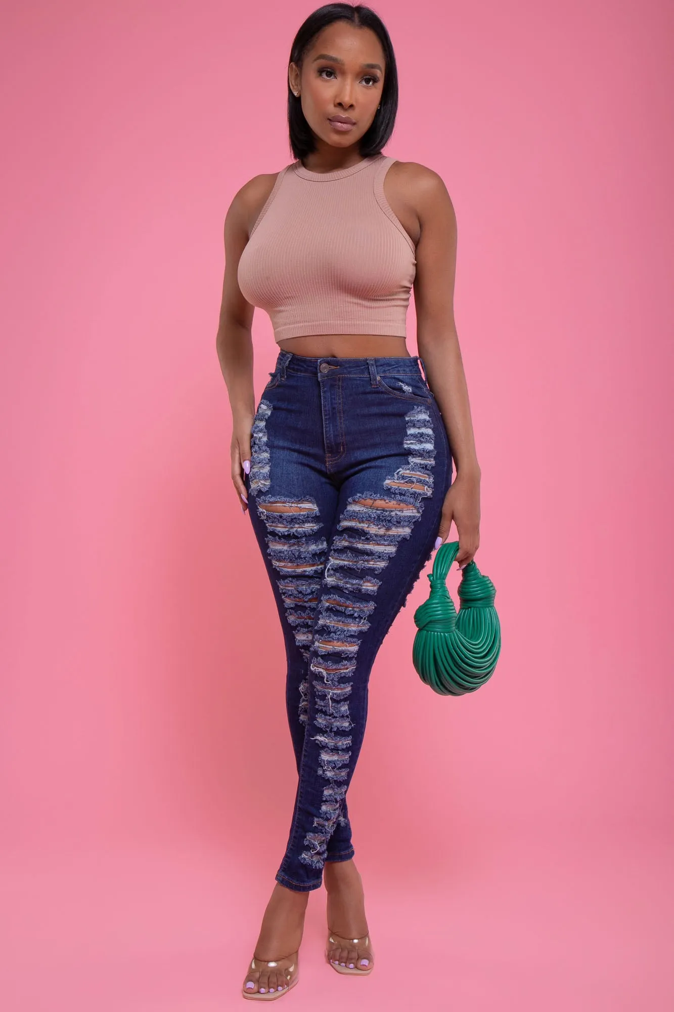 Down For You Hourglass High Rise Distressed Stretchy Jeans - Dark Wash sold by Swankaposh