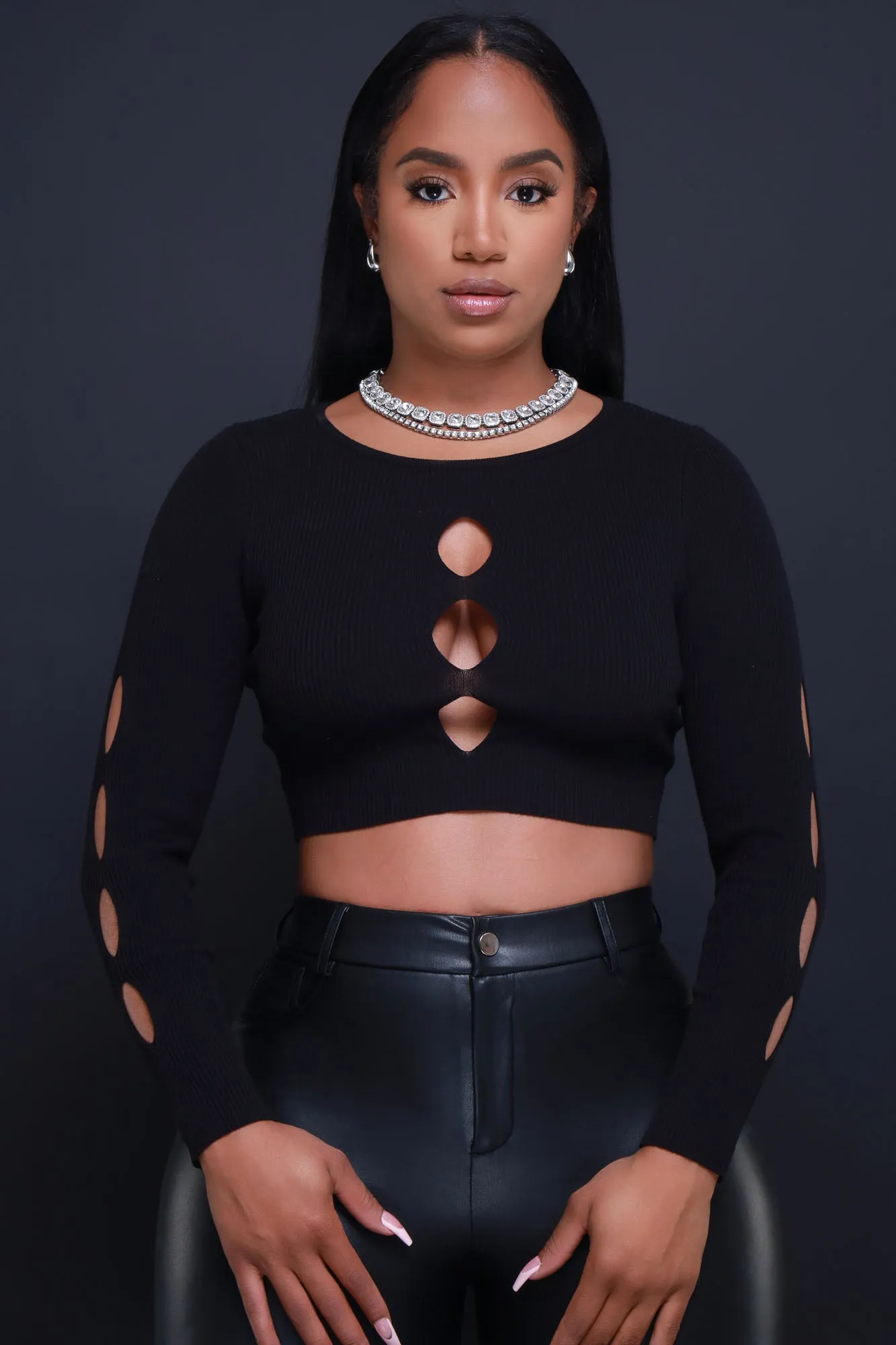 Just Visiting Cut Out Knit Crop Top - Black sold by Swankaposh
