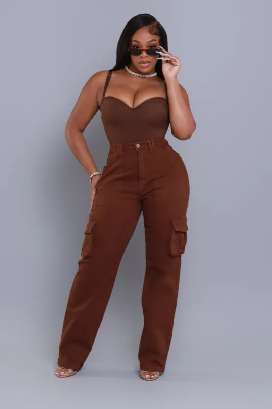 Add It Up High Rise Cargo Pants - Chocolate sold by Swankaposh