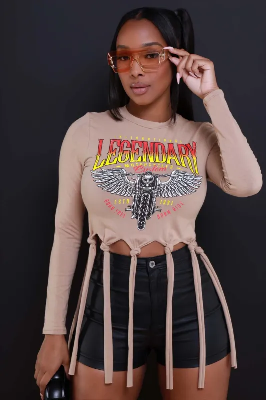 Legends Graphic Fringe Crop Top - Mocha sold by Swankaposh