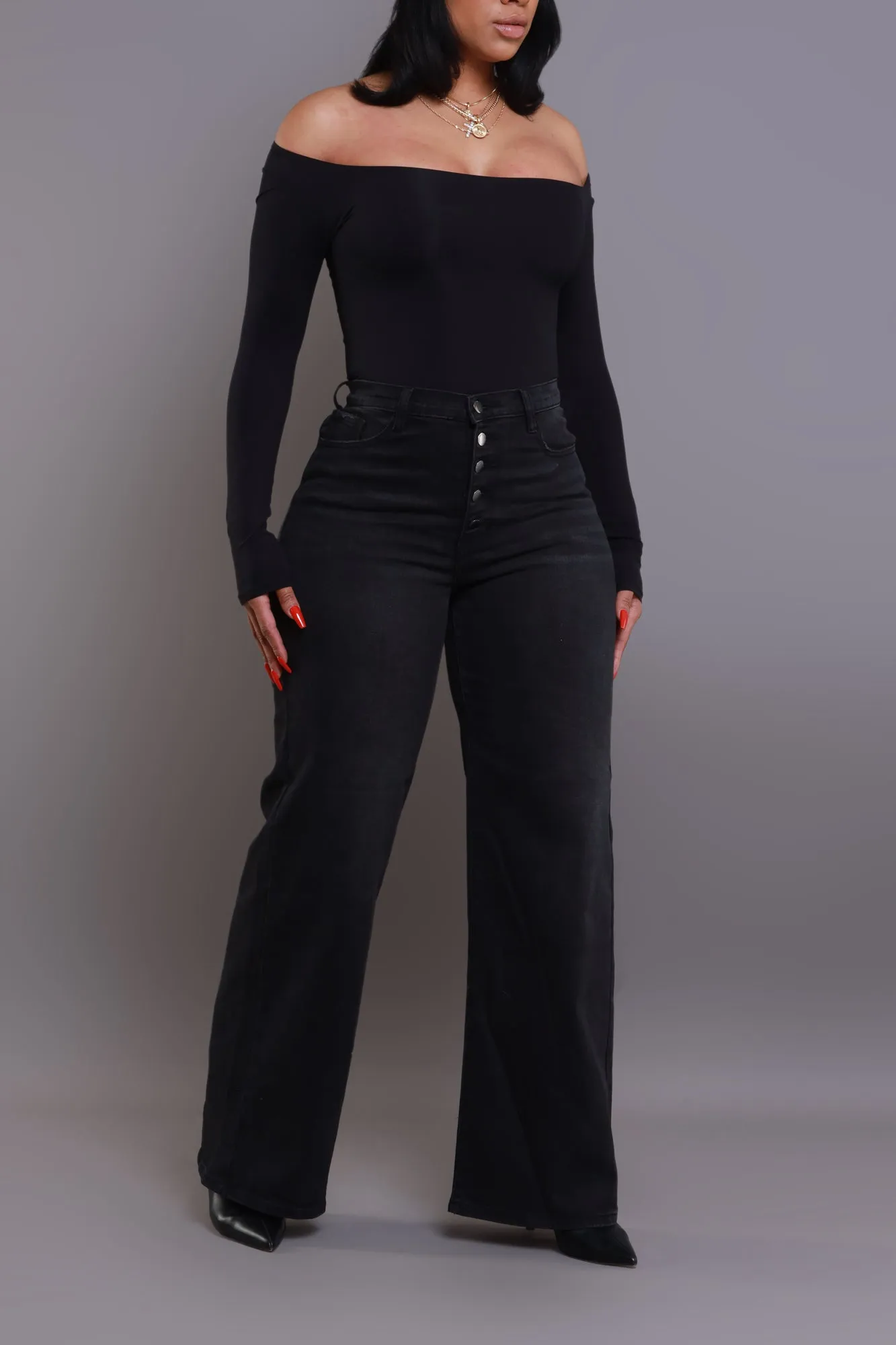 Pipe Down Button Down Wide Leg Jeans - Black sold by Swankaposh