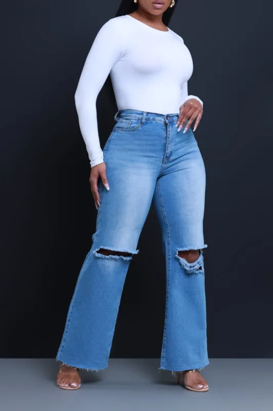 Fast Forward High Waist Distressed Straight Leg Jeans - Medium Wash sold by Swankaposh