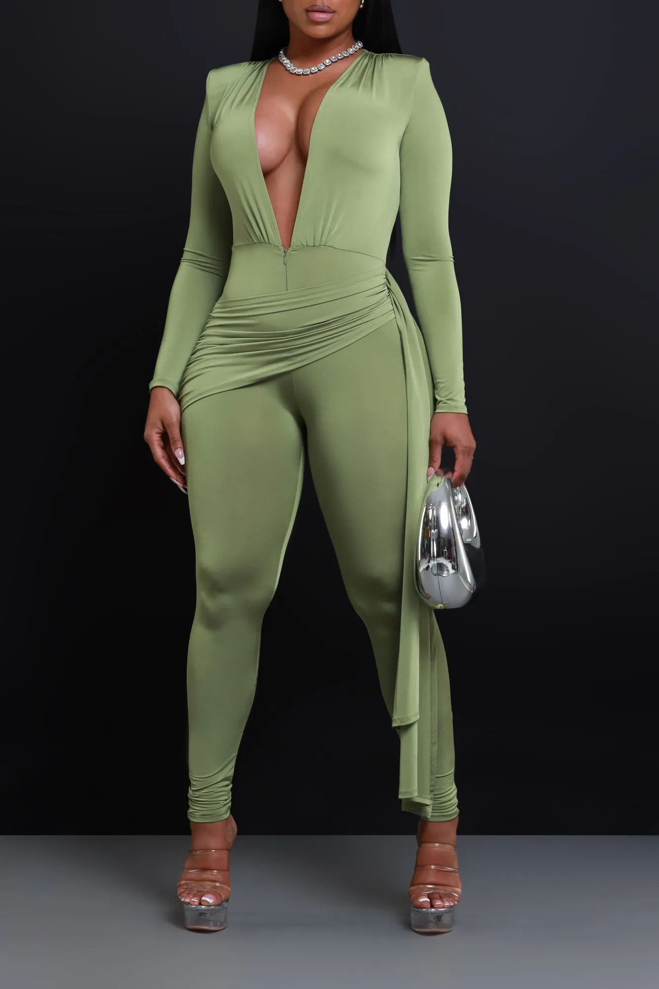 Go With Grace V-Neck Wrap Jumpsuit - Olive sold by Swankaposh product image thumbnail 2
