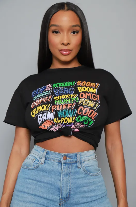 Shout Out Embellished Graphic Print T-Shirt - Black sold by Swankaposh