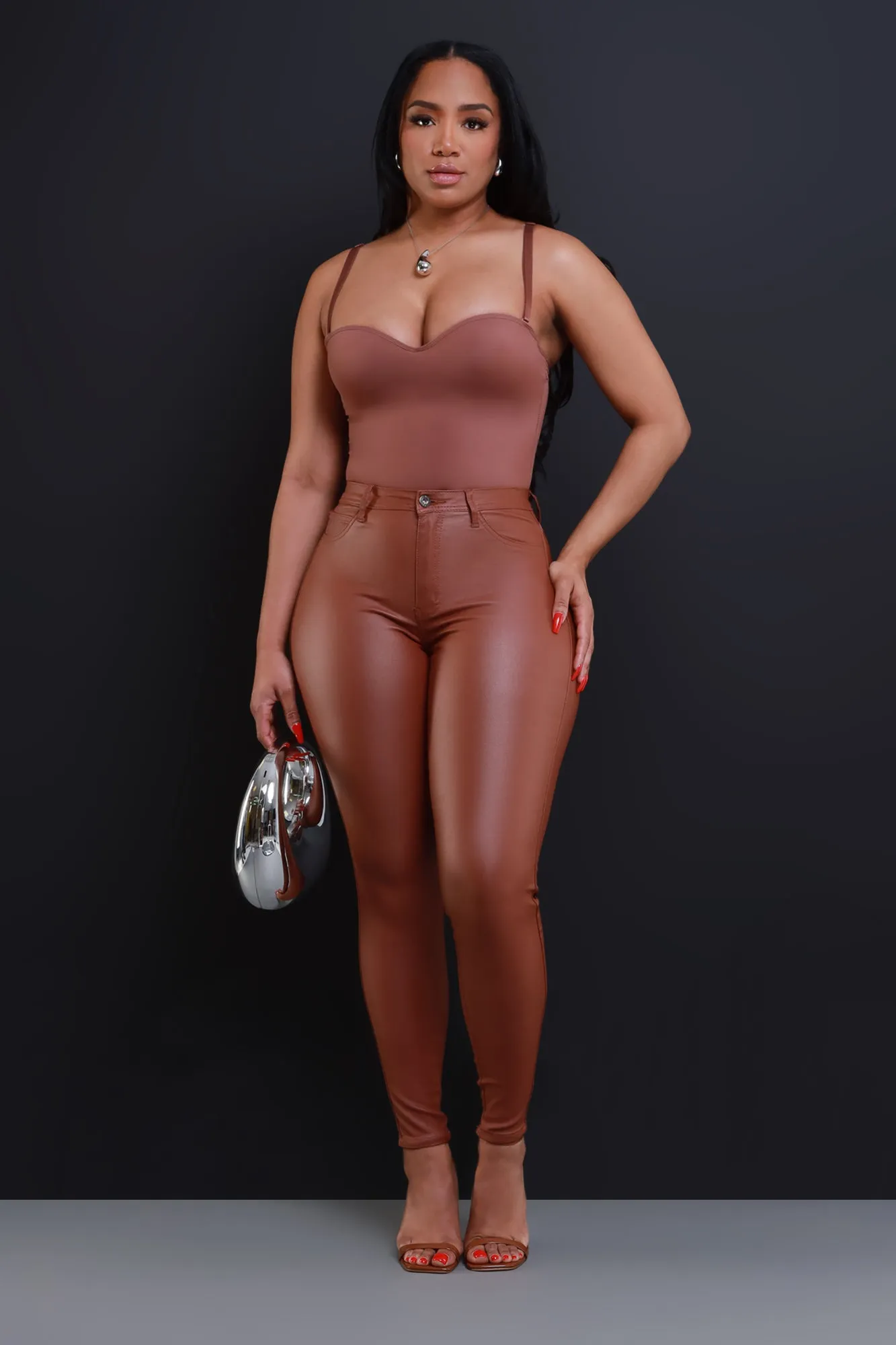 Curve You Faux Leather High Rise Pants - Rust sold by Swankaposh