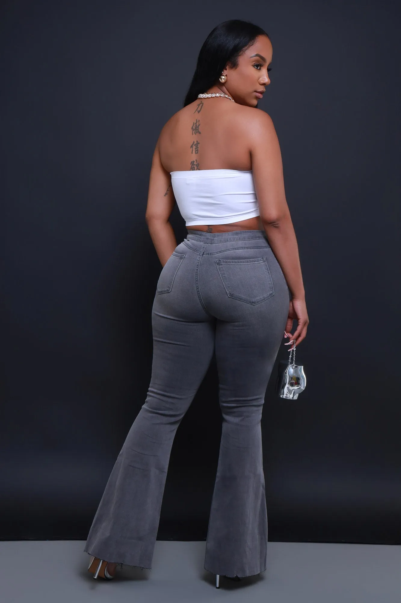 Bring It Up High Rise Super Flare Jeans - Grey Denim sold by Swankaposh product image thumbnail 3