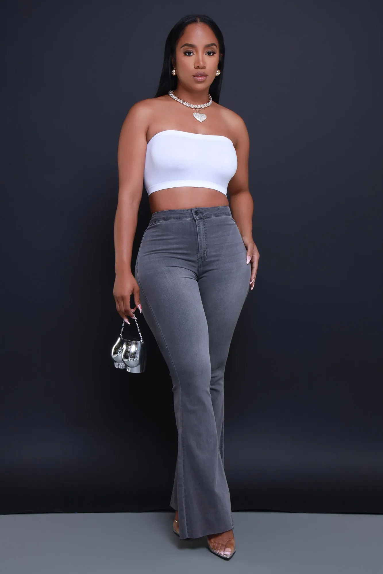Bring It Up High Rise Super Flare Jeans - Grey Denim sold by Swankaposh