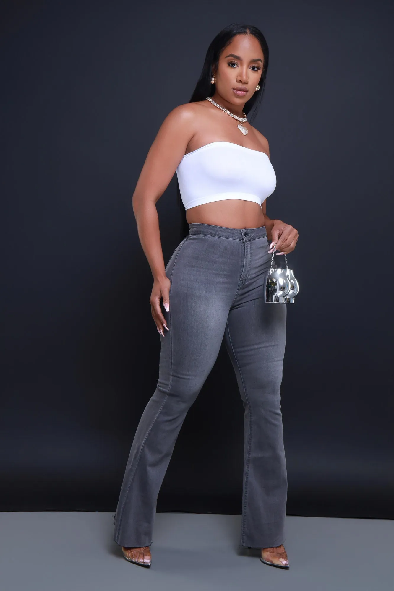 Bring It Up High Rise Super Flare Jeans - Grey Denim sold by Swankaposh product image thumbnail 5