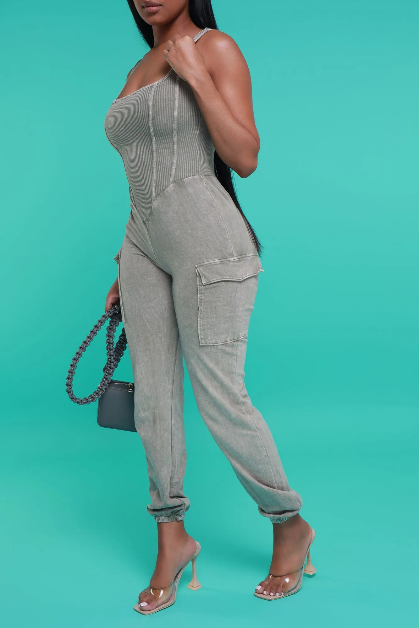 Sidetracked Sleeveless Cargo Jumpsuit - Taupe Mineral Wash sold by Swankaposh product image thumbnail 2