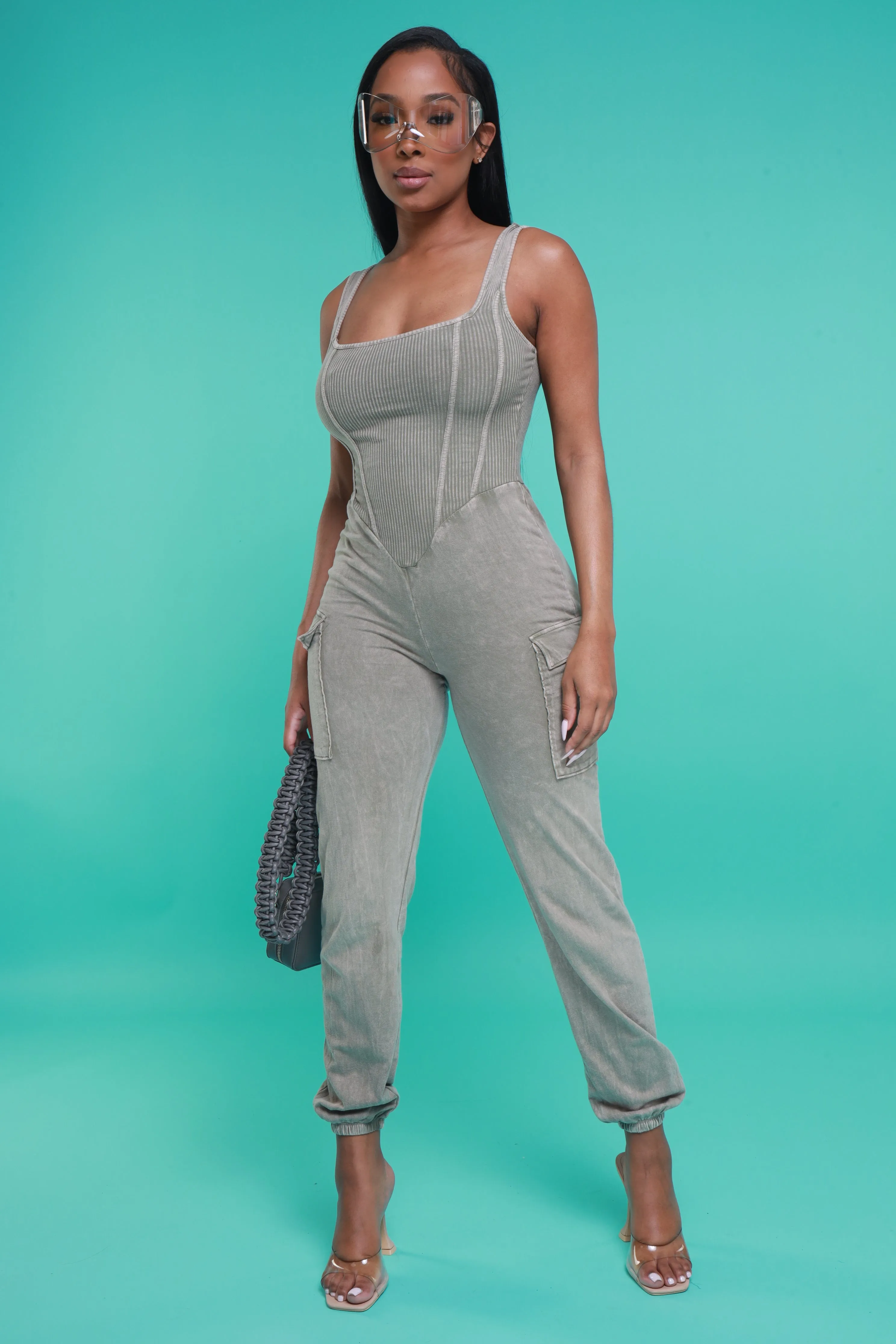 Sidetracked Sleeveless Cargo Jumpsuit - Taupe Mineral Wash sold by Swankaposh product image thumbnail 4