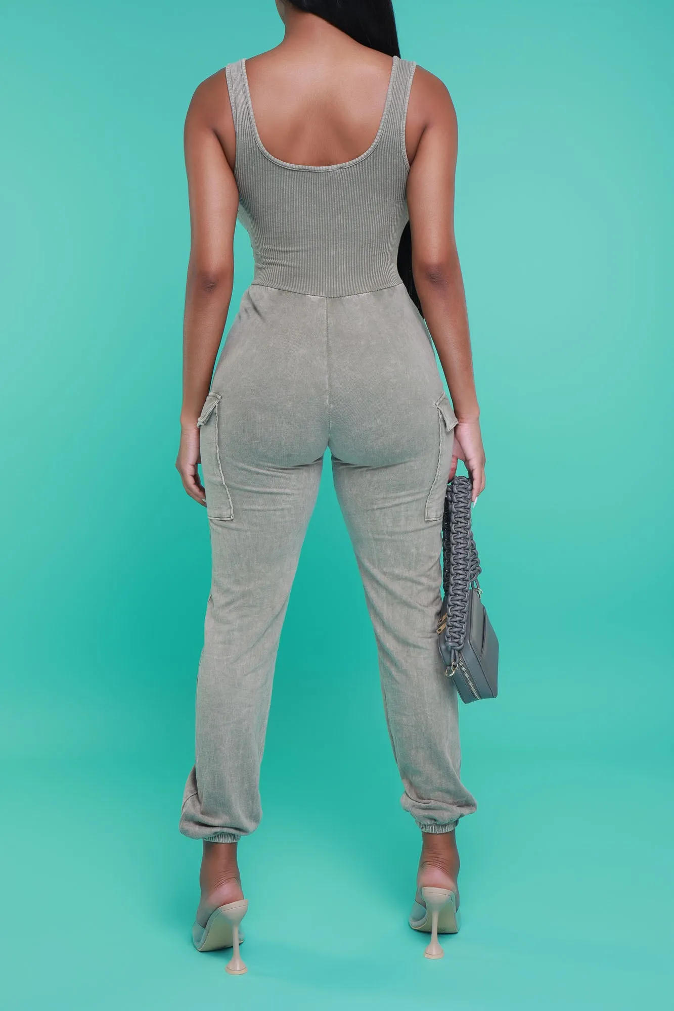 Sidetracked Sleeveless Cargo Jumpsuit - Taupe Mineral Wash sold by Swankaposh product image thumbnail 5