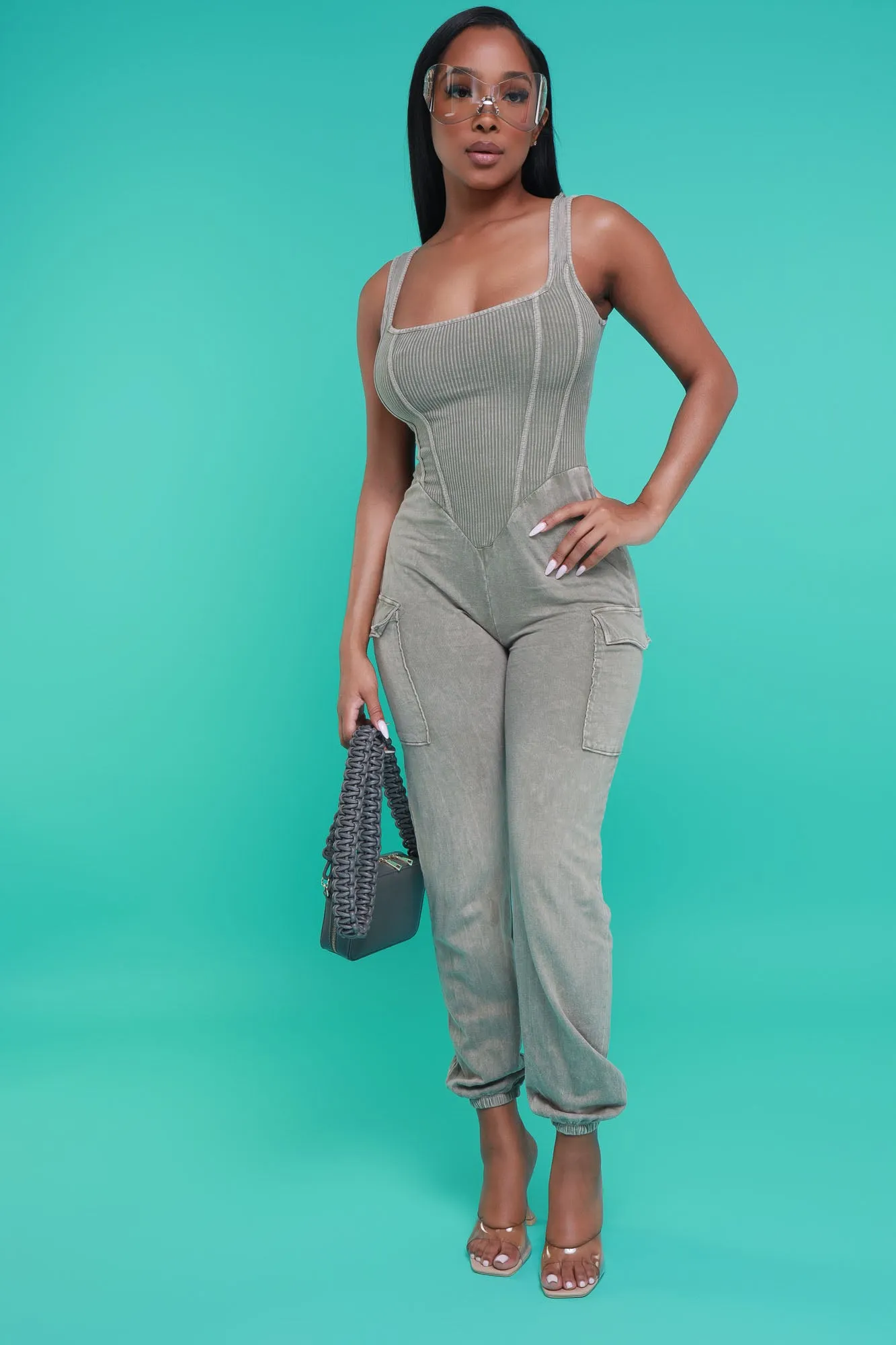 Sidetracked Sleeveless Cargo Jumpsuit - Taupe Mineral Wash sold by Swankaposh