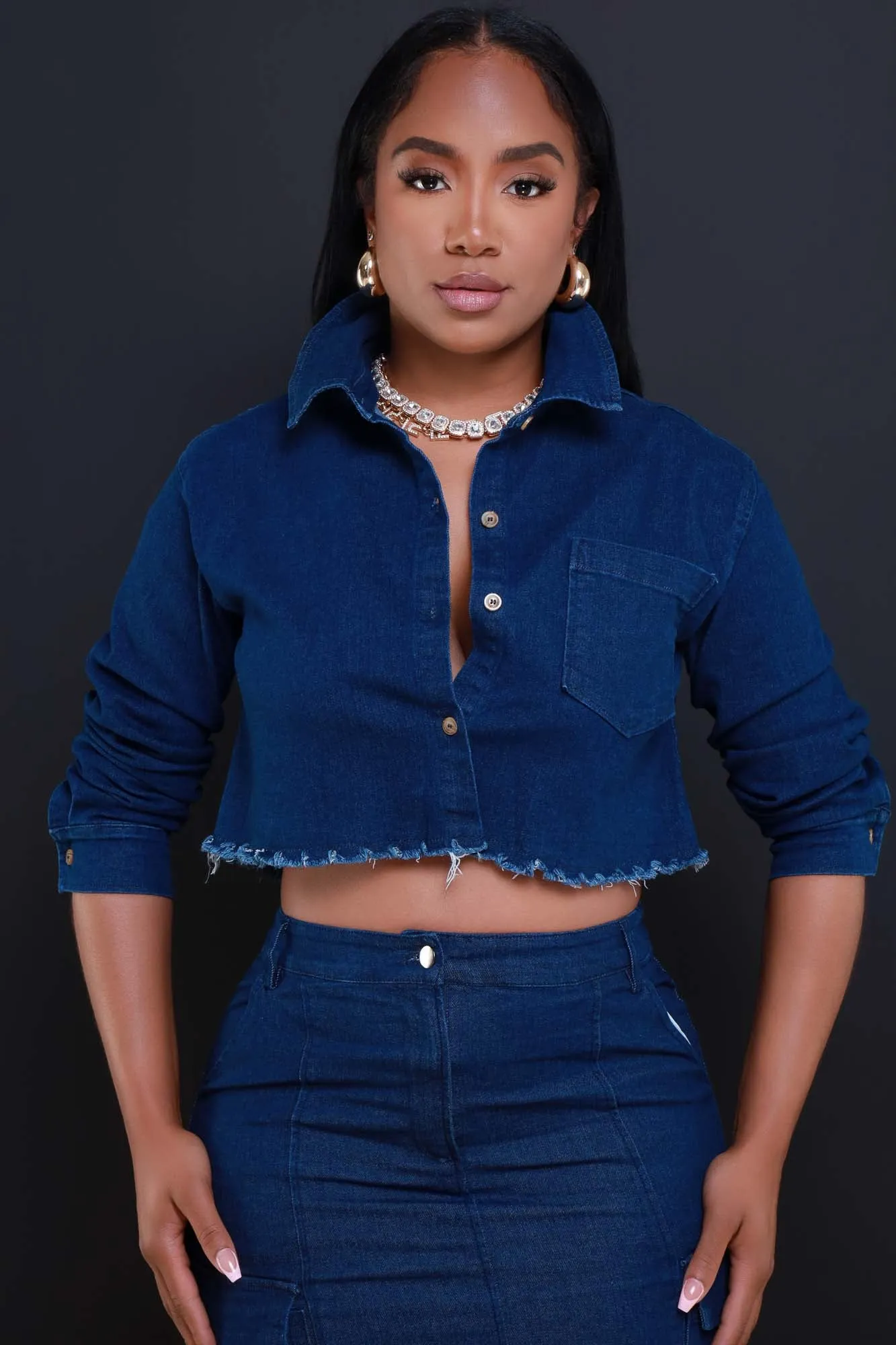 Just In Case Button Down Denim Top - Dark Wash sold by Swankaposh