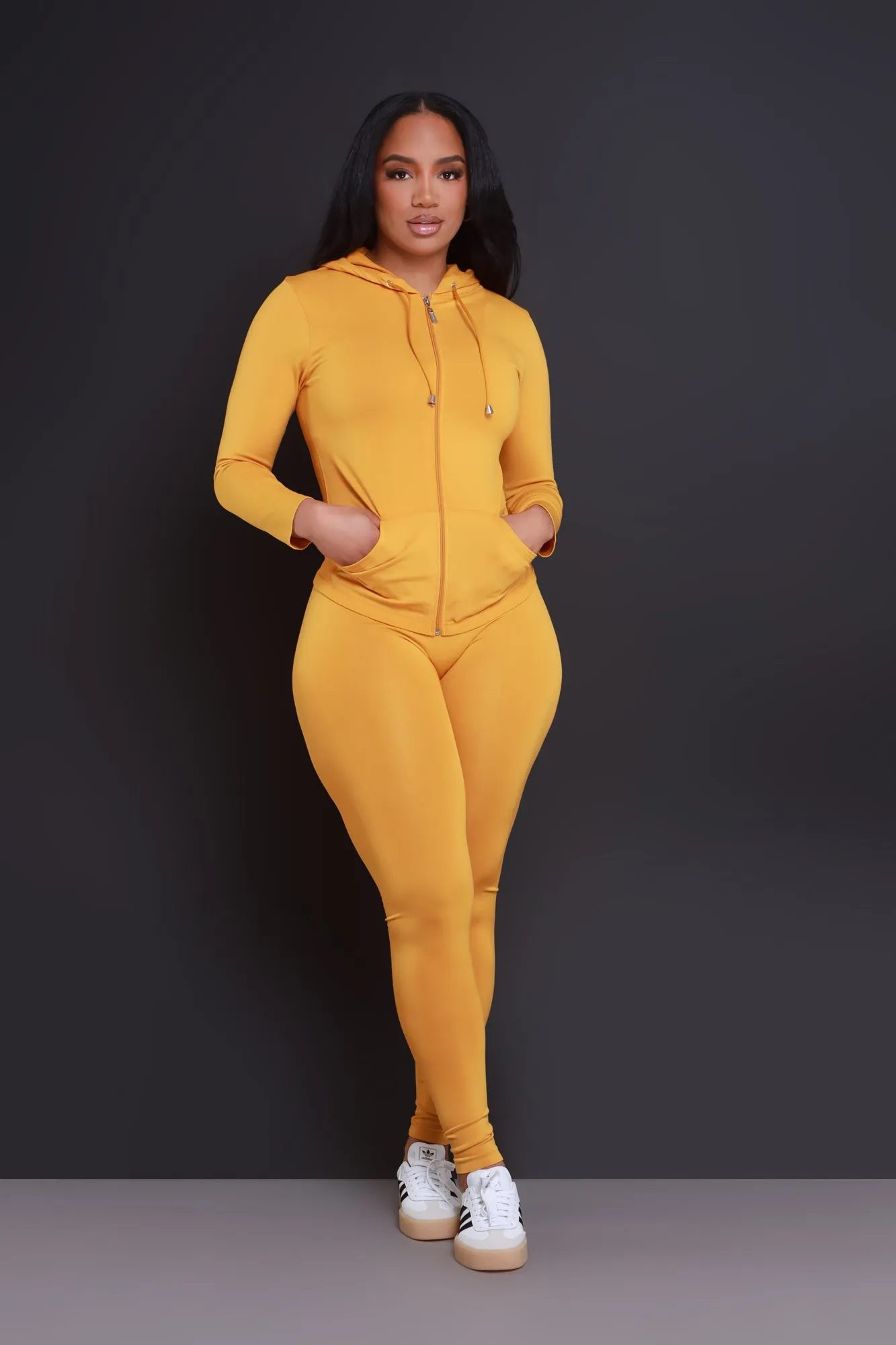 Just Vibing Seamless Zip Up Legging Set - Mustard sold by Swankaposh