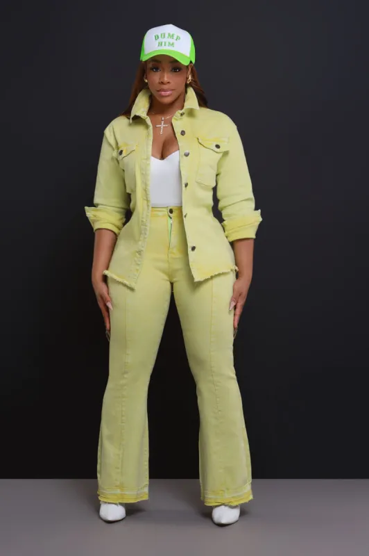 Access Denied High Rise Flare Leg Jeans - Green sold by Swankaposh