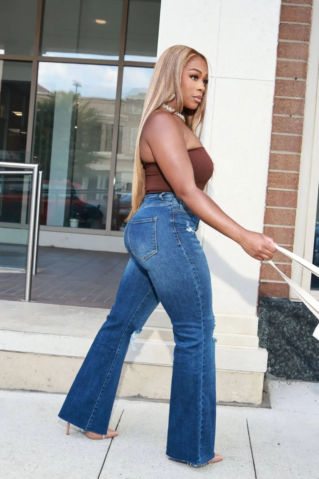 Rewind High Rise Distressed Straight Leg Jeans - Dark Wash sold by Swankaposh product image thumbnail 3