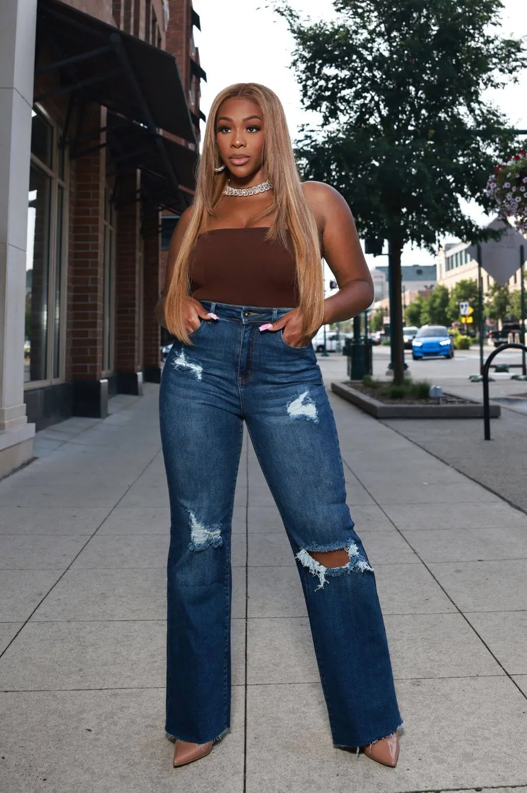 Rewind High Rise Distressed Straight Leg Jeans - Dark Wash sold by Swankaposh product image thumbnail 2