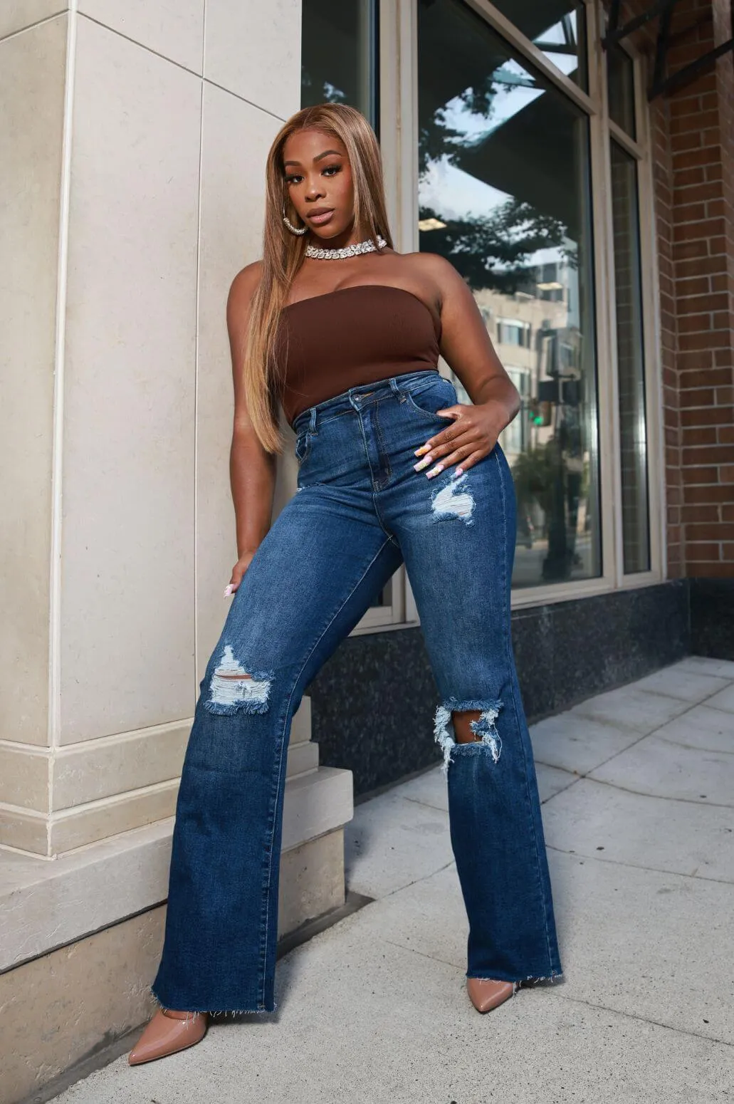 Rewind High Rise Distressed Straight Leg Jeans - Dark Wash sold by Swankaposh