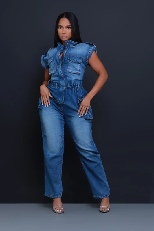 Used To Want Denim Cargo Jumpsuit - Medium Wash sold by Swankaposh