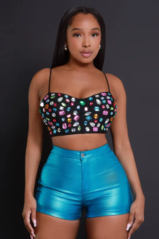 Rich Flex Jewel Embellished Corset Crop Top - Black sold by Swankaposh