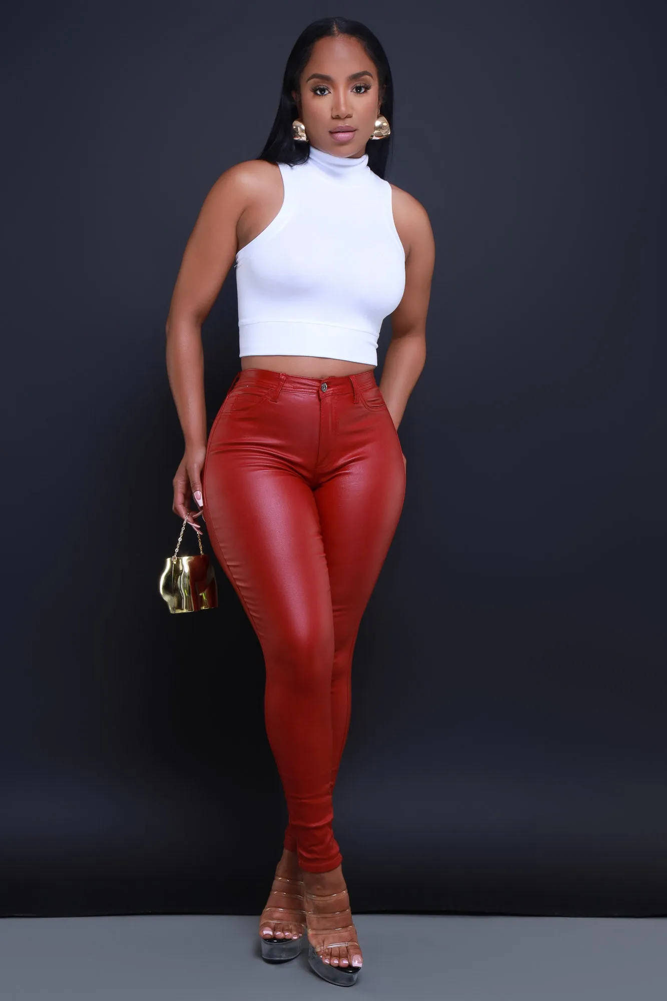 Curve You Faux Leather High Rise Pants - Burgundy sold by Swankaposh