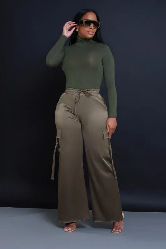 Satin Multi Pocket Long Cargo Pants - Olive sold by Swankaposh