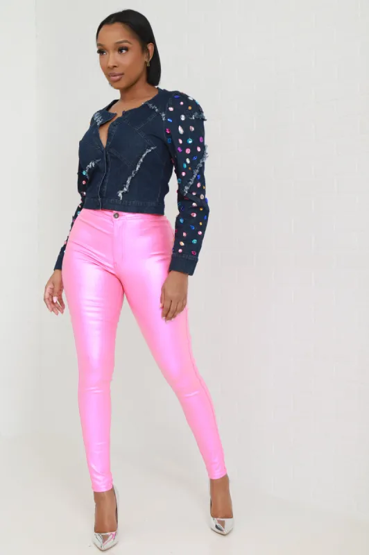 Bejeweled Embellished Denim Jacket - Medium Blue sold by Swankaposh