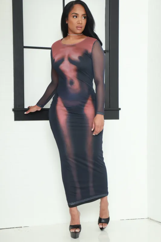 Body Shop Long Sleeve Graphic Maxi Dress - Black sold by Swankaposh