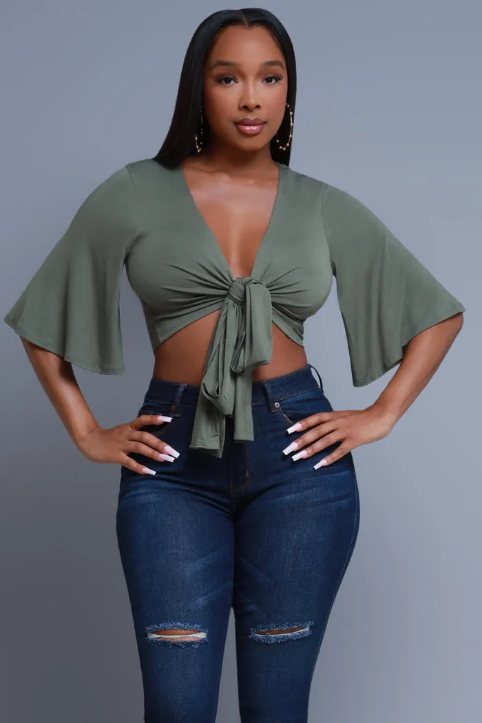 Stay There Tie-Up Cropped Blouse - Light Olive sold by Swankaposh
