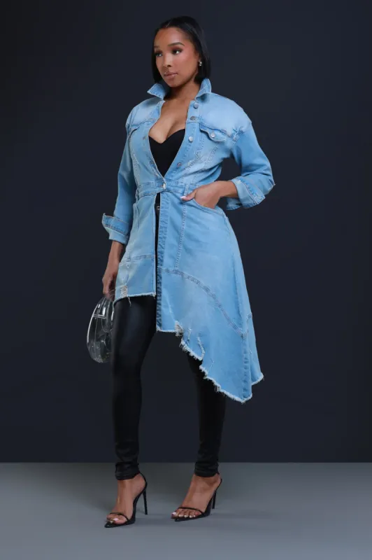 Here And Now Asymmetrical Denim Jacket - Light Wash sold by Swankaposh