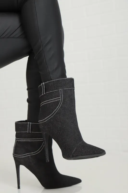 Price Tag Canvas Heeled Ankle Boots - Black sold by Swankaposh
