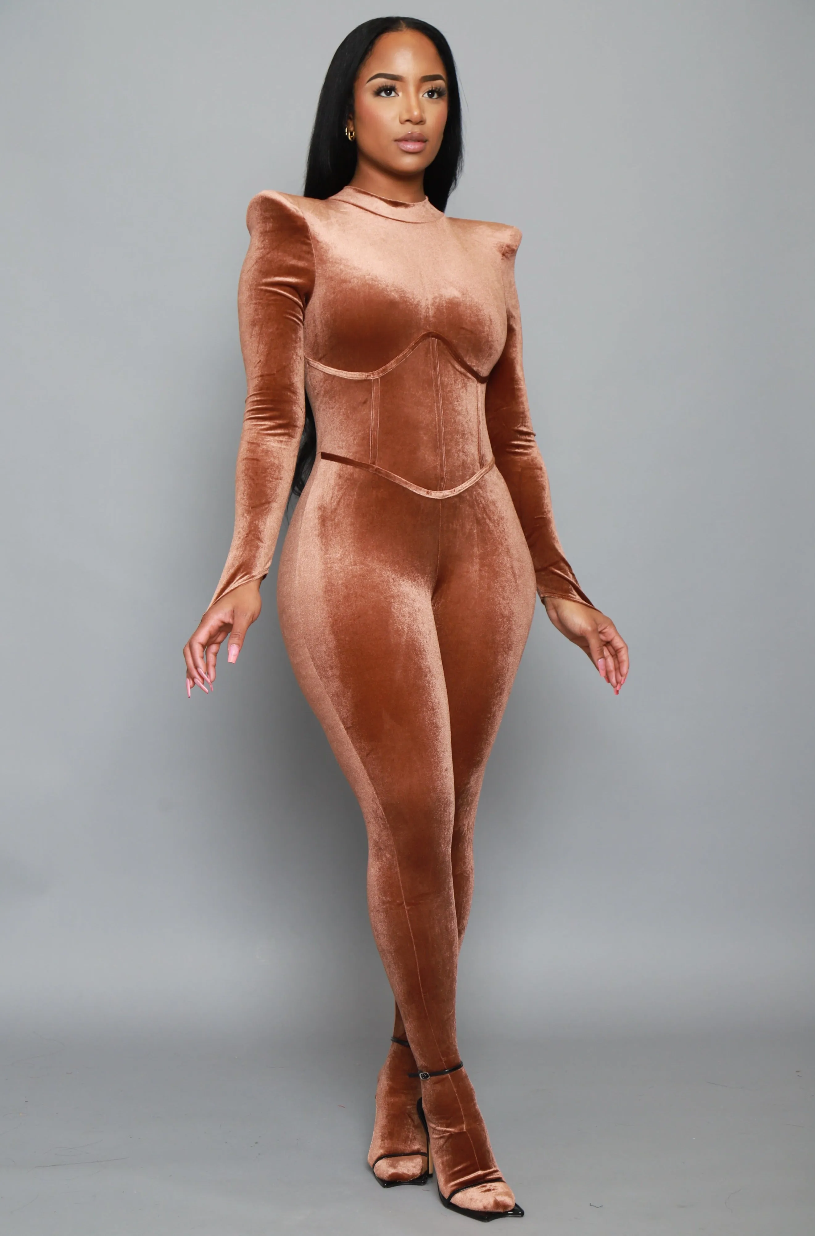 Before You Go Velvet Corset Jumpsuit - Mocha sold by Swankaposh