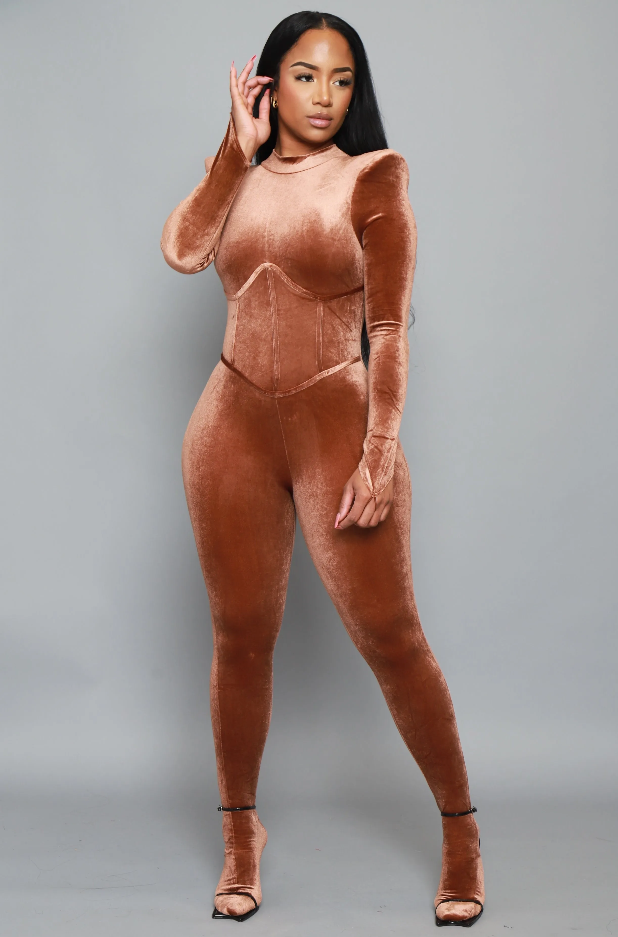 Before You Go Velvet Corset Jumpsuit - Mocha sold by Swankaposh product image thumbnail 3