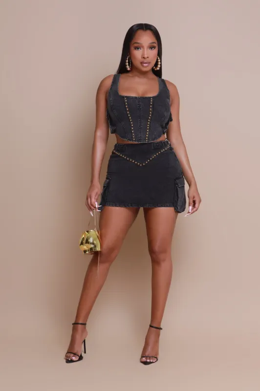 Rock Remix Cargo Denim Mini Skirt - Black Mineral Wash sold by Swankaposh