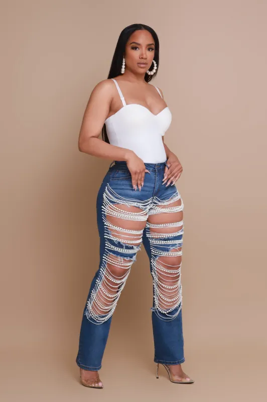 Pearl Usual Pearl Embellished Straight Leg Jeans - Dark Wash sold by Swankaposh